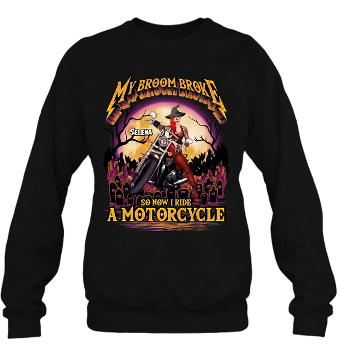 Personalized Witch Biker Shirt/Hoodie - Up to 4 Dogs/Cats - Halloween Gift Idea For Bikers - My Broom Broke So Now I Ride A Motorcycle