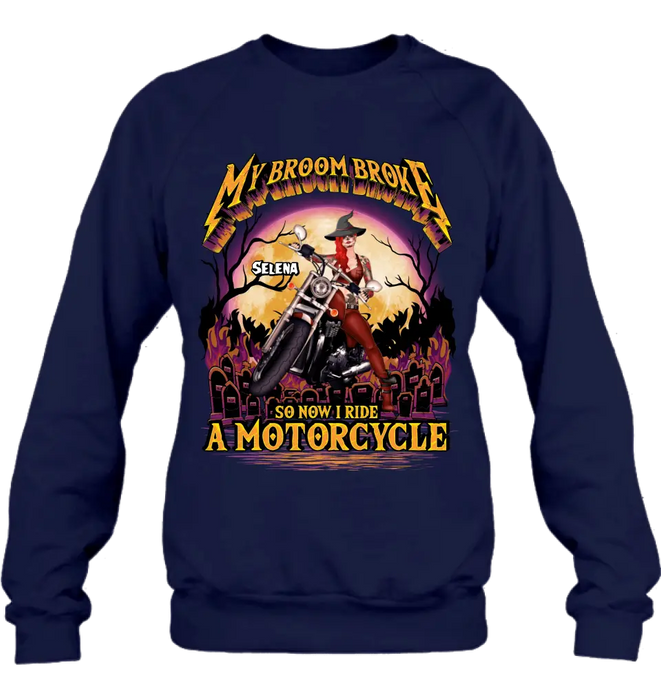 Personalized Witch Biker Shirt/Hoodie - Up to 4 Dogs/Cats - Halloween Gift Idea For Bikers - My Broom Broke So Now I Ride A Motorcycle