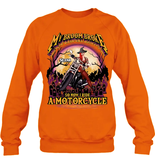 Personalized Witch Biker Shirt/Hoodie - Up to 4 Dogs/Cats - Halloween Gift Idea For Bikers - My Broom Broke So Now I Ride A Motorcycle