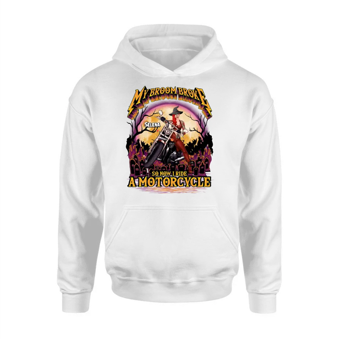 Personalized Witch Biker Shirt/Hoodie - Up to 4 Dogs/Cats - Halloween Gift Idea For Bikers - My Broom Broke So Now I Ride A Motorcycle