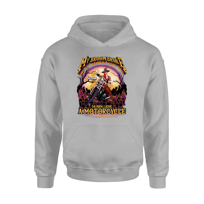 Personalized Witch Biker Shirt/Hoodie - Up to 4 Dogs/Cats - Halloween Gift Idea For Bikers - My Broom Broke So Now I Ride A Motorcycle