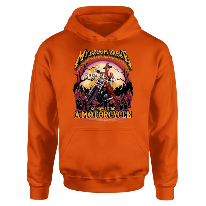 Personalized Witch Biker Shirt/Hoodie - Up to 4 Dogs/Cats - Halloween Gift Idea For Bikers - My Broom Broke So Now I Ride A Motorcycle