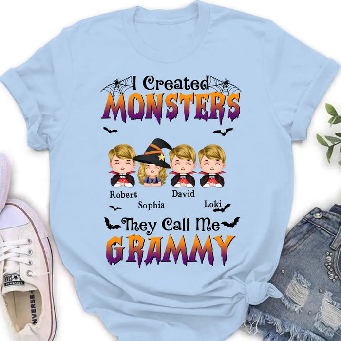 Personalized Grandma Shirt/Hoodie - Halloween Gift Idea for Witch Lovers - Up to 4 Kids - I Created Monsters They Call Me Grammy