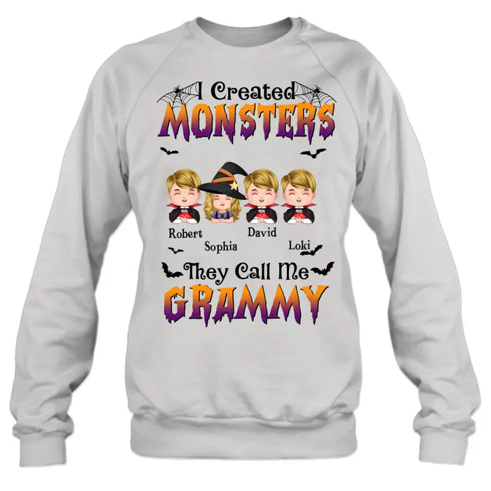 Personalized Grandma Shirt/Hoodie - Halloween Gift Idea for Witch Lovers - Up to 4 Kids - I Created Monsters They Call Me Grammy