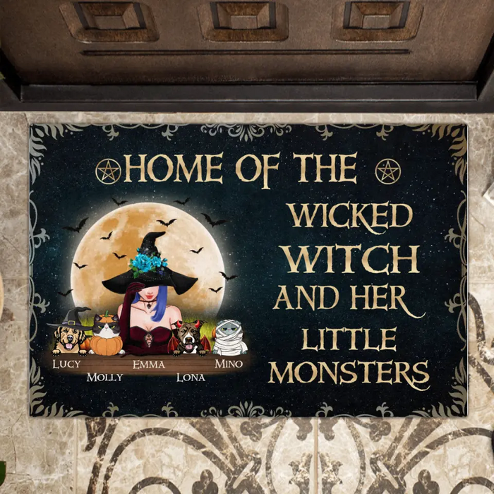 Personalized Witch Doormat - Gift Idea For Halloween/Witch Lovers - Up to 6 Pets - Home Of The Wicked Witch And Her Little Monsters