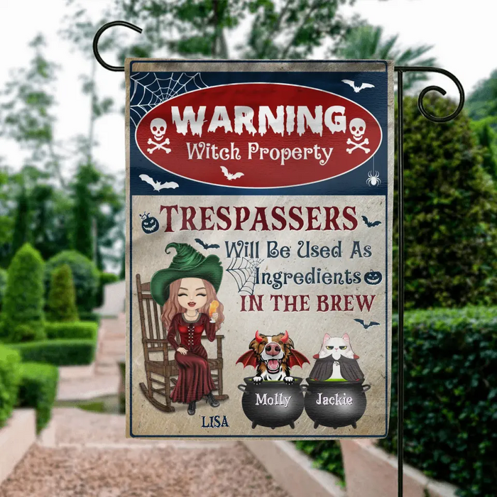 Personalized Witch Flag Sign - Halloween Gift Idea for Pet Lovers - Up to 2 Pets - Trespassers Will Be Used As Ingredients In The Brew