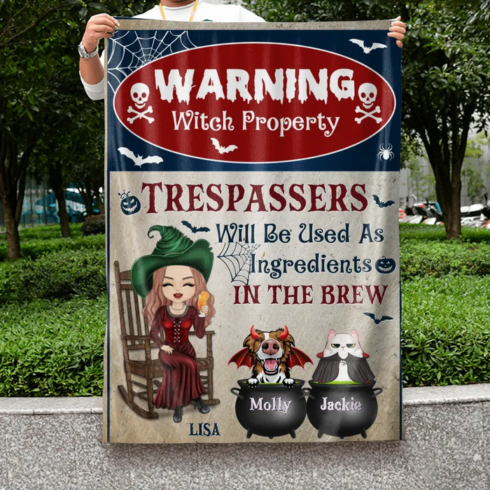 Personalized Witch Flag Sign - Halloween Gift Idea for Pet Lovers - Up to 2 Pets - Trespassers Will Be Used As Ingredients In The Brew