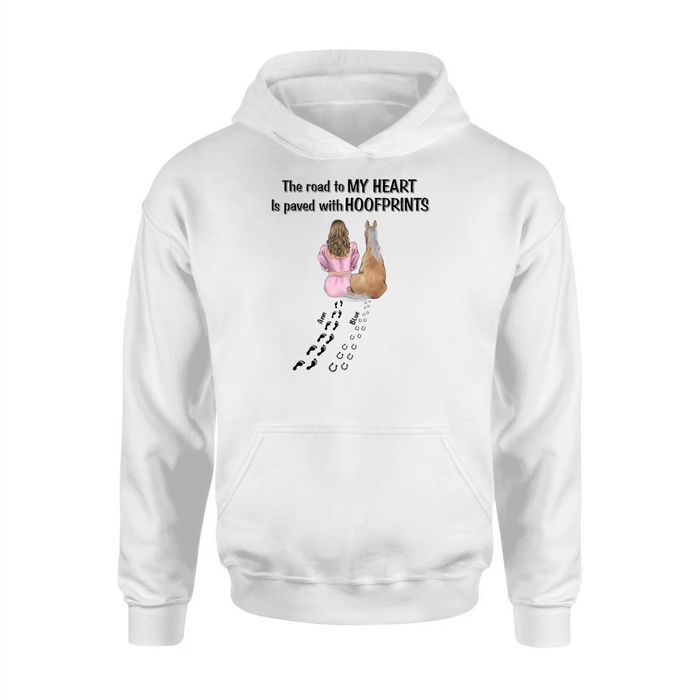 Personalized Horse Mom Shirt/Hoodie - Gift Idea For Horse Lover - Up to 3 Horses - The Road To My Heart Is Paved With Hoofprints