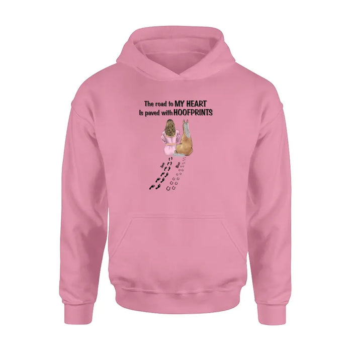 Personalized Horse Mom Shirt/Hoodie - Gift Idea For Horse Lover - Up to 3 Horses - The Road To My Heart Is Paved With Hoofprints