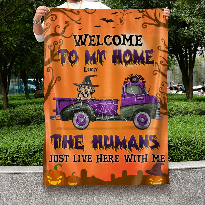 Personalized Halloween Dog Flag Sign - Halloween Gift Idea for Dog Lovers - Up to 6 Dogs - Welcome To My Home The Humans Just Live Here With Me