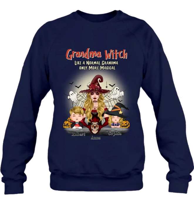 Personalized Grandma Witch Shirt/Hoodie - Gift Idea For Halloween - Up to 2 Kids - Grandma Witch Like A Normal Grandma Only More Magical