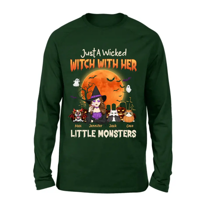 Personalized Witch Pet Mom T-shirt/Sweatshirt/Long Sleeve/Hoodie - Up to 3 Dogs/Cats - Halloween Gift For Cat/Dog Mom - Just A Wicked Witch With Her Little Monsters
