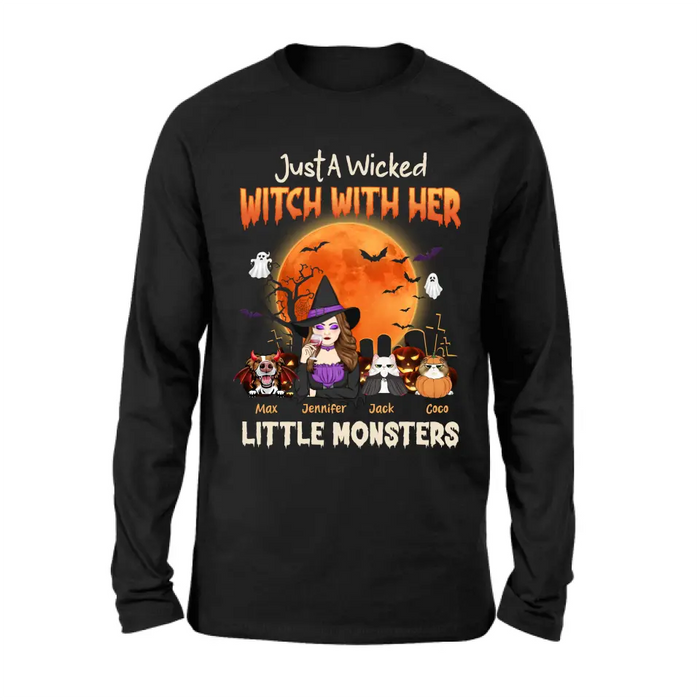 Personalized Witch Pet Mom T-shirt/Sweatshirt/Long Sleeve/Hoodie - Up to 3 Dogs/Cats - Halloween Gift For Cat/Dog Mom - Just A Wicked Witch With Her Little Monsters