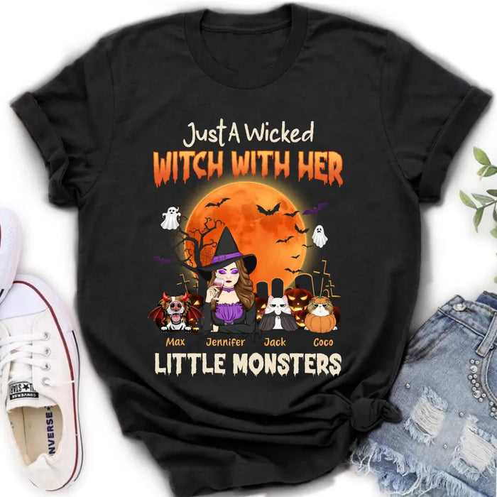 Personalized Witch Pet Mom T-shirt/Sweatshirt/Long Sleeve/Hoodie - Up to 3 Dogs/Cats - Halloween Gift For Cat/Dog Mom - Just A Wicked Witch With Her Little Monsters