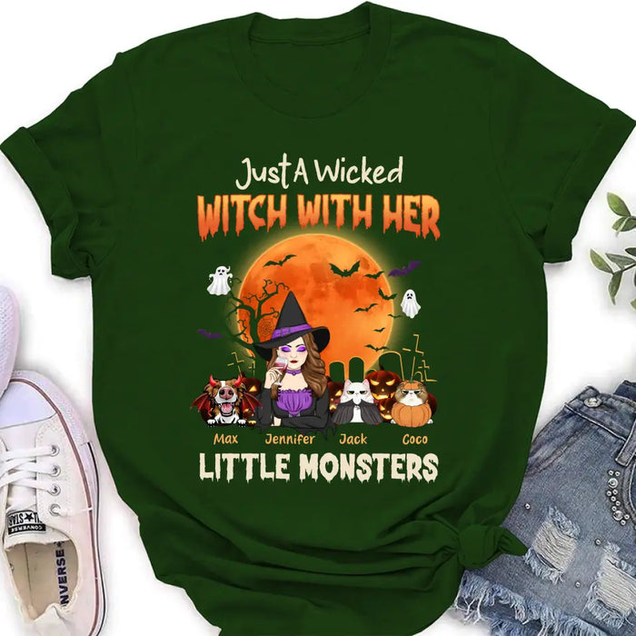 Personalized Witch Pet Mom T-shirt/Sweatshirt/Long Sleeve/Hoodie - Up to 3 Dogs/Cats - Halloween Gift For Cat/Dog Mom - Just A Wicked Witch With Her Little Monsters