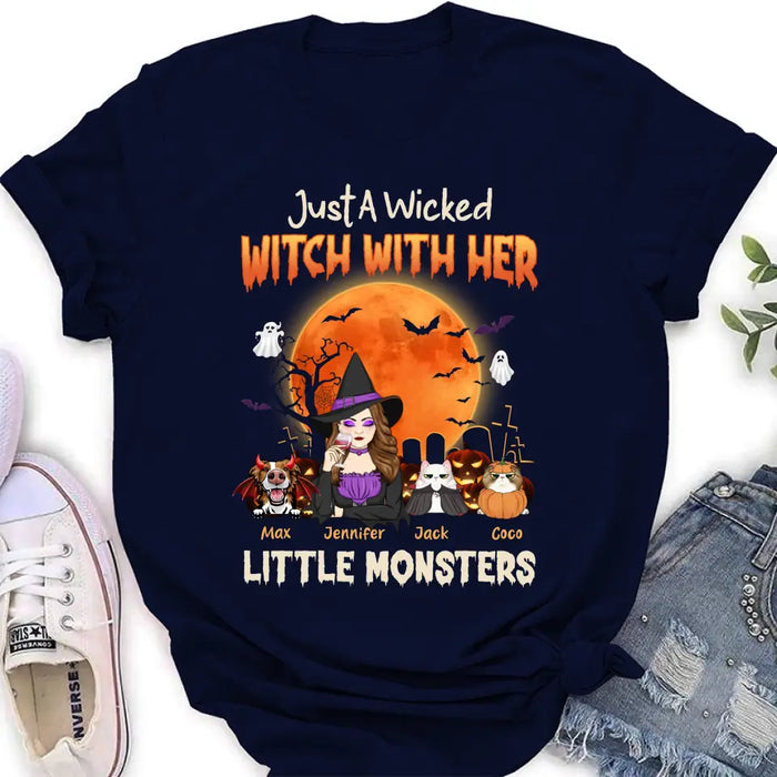 Personalized Witch Pet Mom T-shirt/Sweatshirt/Long Sleeve/Hoodie - Up to 3 Dogs/Cats - Halloween Gift For Cat/Dog Mom - Just A Wicked Witch With Her Little Monsters