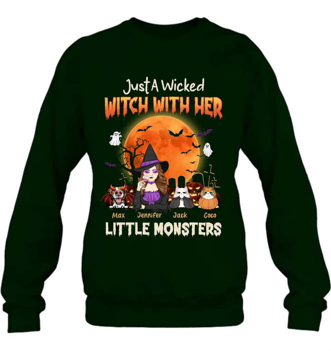 Personalized Witch Pet Mom T-shirt/Sweatshirt/Long Sleeve/Hoodie - Up to 3 Dogs/Cats - Halloween Gift For Cat/Dog Mom - Just A Wicked Witch With Her Little Monsters