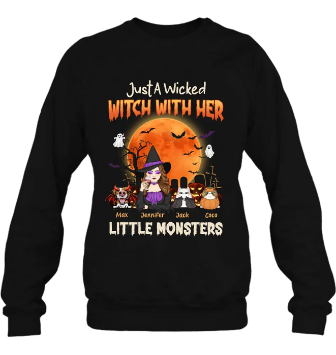 Personalized Witch Pet Mom T-shirt/Sweatshirt/Long Sleeve/Hoodie - Up to 3 Dogs/Cats - Halloween Gift For Cat/Dog Mom - Just A Wicked Witch With Her Little Monsters