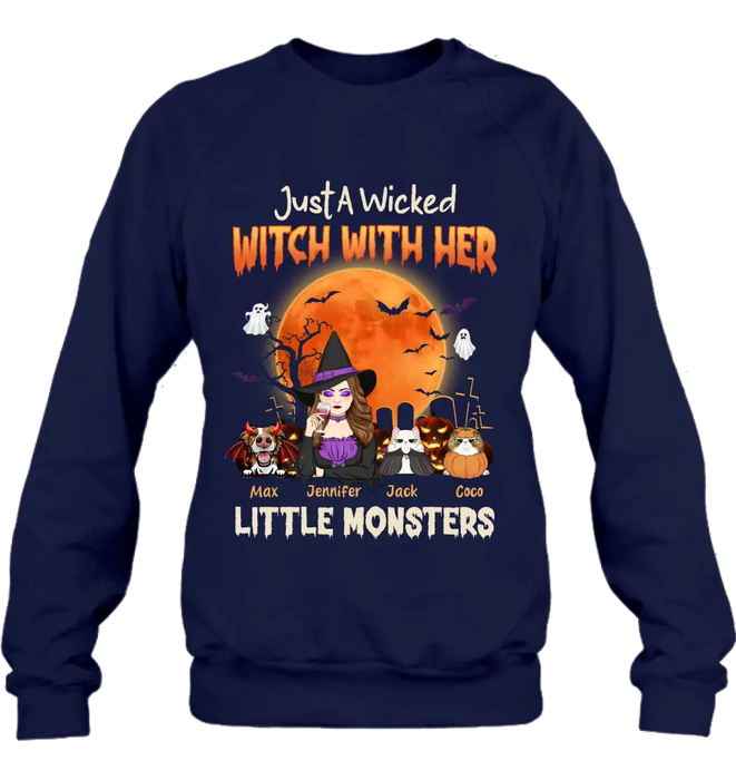 Personalized Witch Pet Mom T-shirt/Sweatshirt/Long Sleeve/Hoodie - Up to 3 Dogs/Cats - Halloween Gift For Cat/Dog Mom - Just A Wicked Witch With Her Little Monsters