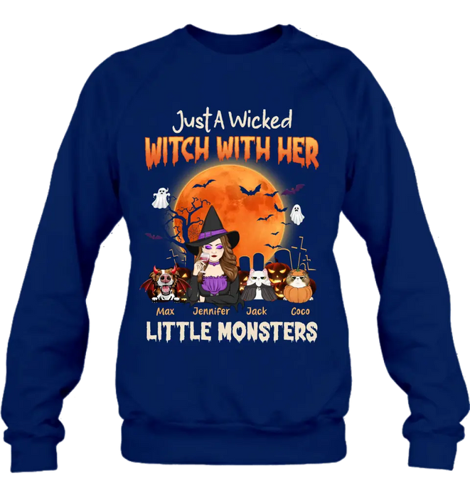 Personalized Witch Pet Mom T-shirt/Sweatshirt/Long Sleeve/Hoodie - Up to 3 Dogs/Cats - Halloween Gift For Cat/Dog Mom - Just A Wicked Witch With Her Little Monsters