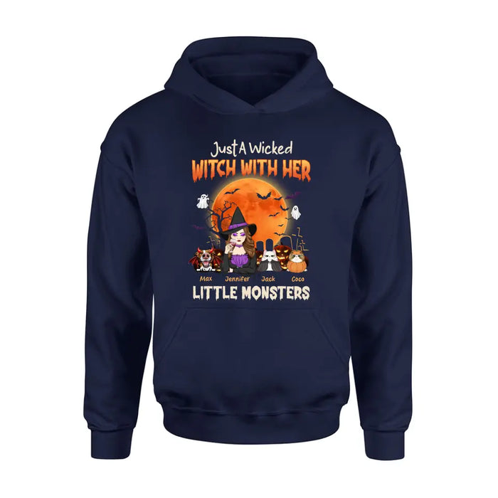 Personalized Witch Pet Mom T-shirt/Sweatshirt/Long Sleeve/Hoodie - Up to 3 Dogs/Cats - Halloween Gift For Cat/Dog Mom - Just A Wicked Witch With Her Little Monsters