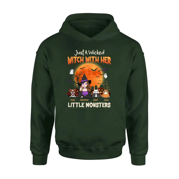 Personalized Witch Pet Mom T-shirt/Sweatshirt/Long Sleeve/Hoodie - Up to 3 Dogs/Cats - Halloween Gift For Cat/Dog Mom - Just A Wicked Witch With Her Little Monsters