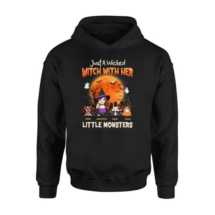 Personalized Witch Pet Mom T-shirt/Sweatshirt/Long Sleeve/Hoodie - Up to 3 Dogs/Cats - Halloween Gift For Cat/Dog Mom - Just A Wicked Witch With Her Little Monsters