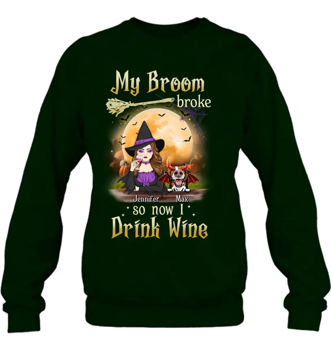 Personalized Witch Pet Mom T-shirt/Hoodie - Up to 3 Pets - Halloween Gift For Cat/Dog Mom - My Broom Broke So Now I Drink Wine