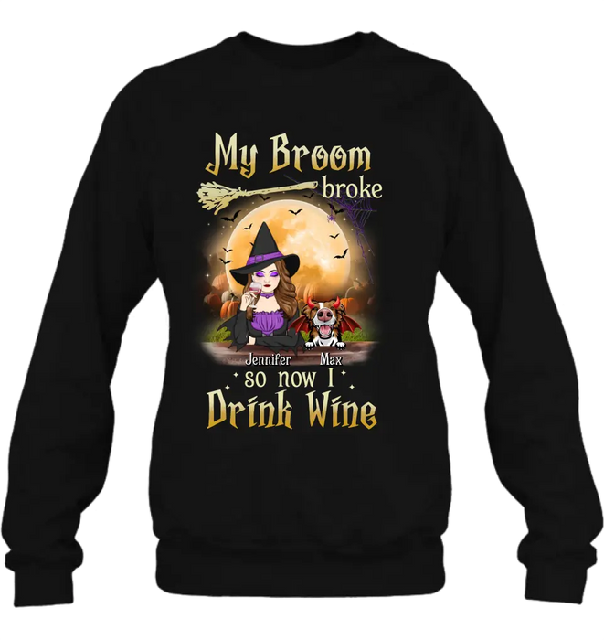Personalized Witch Pet Mom T-shirt/Hoodie - Up to 3 Pets - Halloween Gift For Cat/Dog Mom - My Broom Broke So Now I Drink Wine