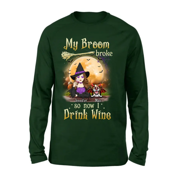 Personalized Witch Pet Mom T-shirt/Hoodie - Up to 3 Pets - Halloween Gift For Cat/Dog Mom - My Broom Broke So Now I Drink Wine