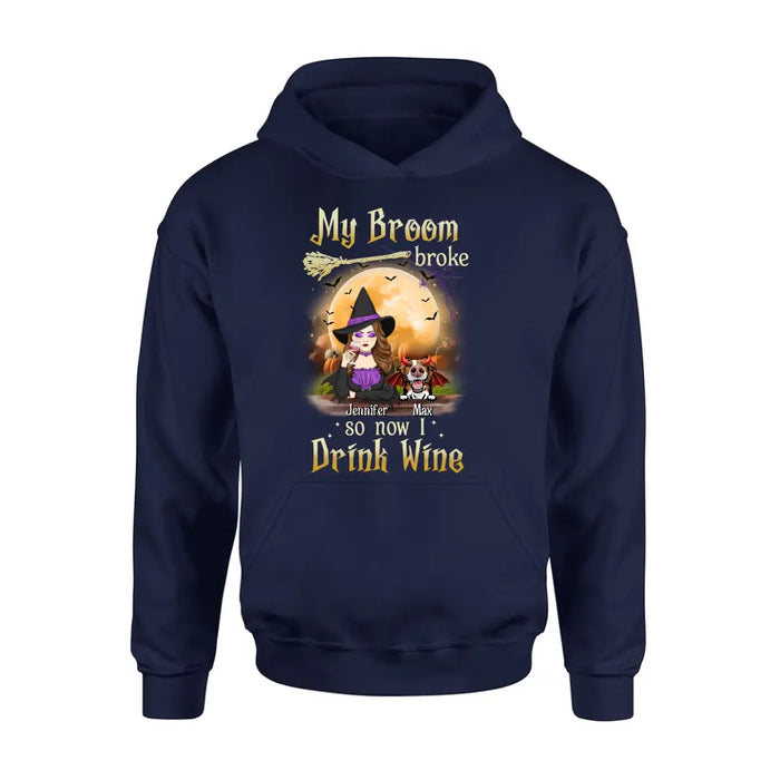 Personalized Witch Pet Mom T-shirt/Hoodie - Up to 3 Pets - Halloween Gift For Cat/Dog Mom - My Broom Broke So Now I Drink Wine