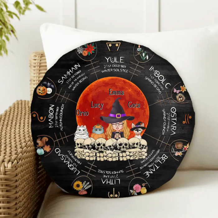 Personalized Witch Mom Round Pillow - Best Gift Idea For Halloween/Mom/Pet Lovers - Up to 3 Pets - Winter Solstice