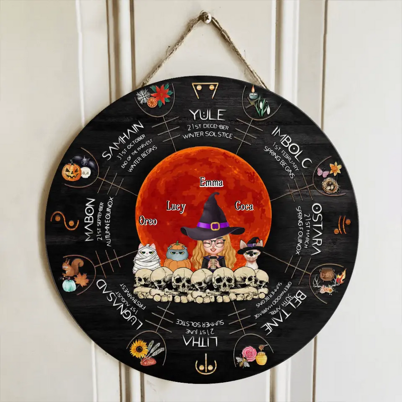 Personalized Witch Mom Circle Door Sign - Best Gift Idea For Halloween/Mom/Pet Lovers - Up to 3 Pets - Winter Solstice