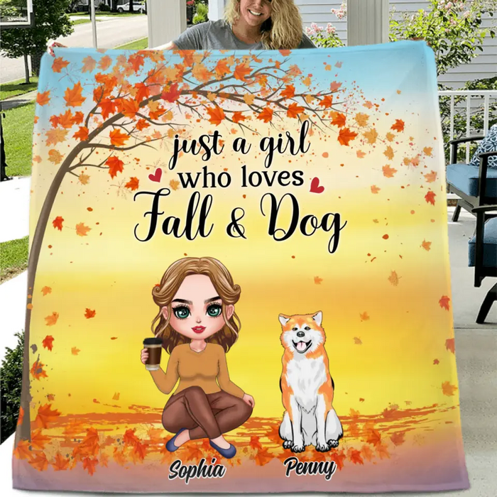 Personalized Dog Mom Fleece Throw Blanket/Quilt - Up to 4 Dogs - Gift Idea for Dog Lovers/Autumn Gift - Just A Girl Who Loves Fall & Dogs