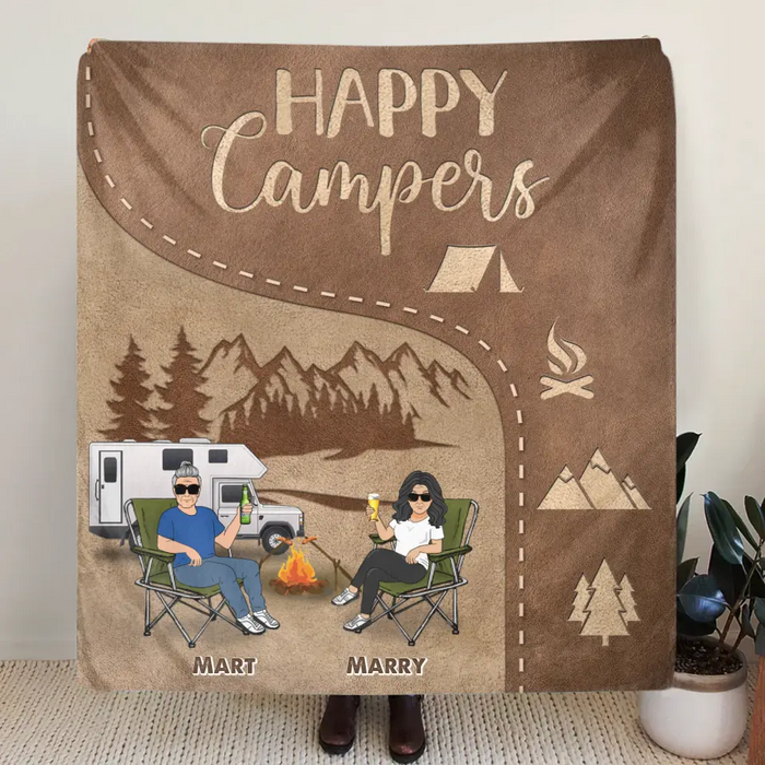Personalized Camping Couple Fleece Throw Blanket/Quilt- Gift Idea For Couple/Camping Lover - Happy Campers