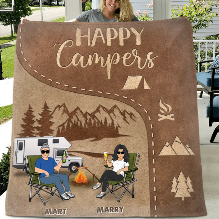 Personalized Camping Couple Fleece Throw Blanket/Quilt- Gift Idea For Couple/Camping Lover - Happy Campers