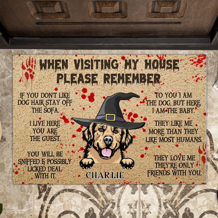 Personalized Halloween Dog Doormat - Halloween Gift Idea for Dog Lovers - Up to 3 Dogs - When Visiting Our House Please Remember