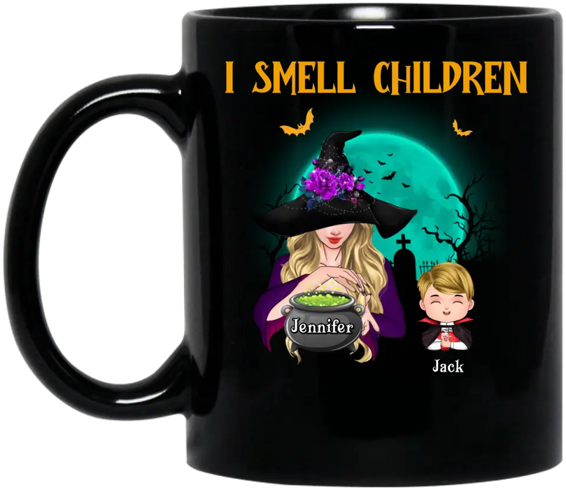 Personalized Witch Coffee Mug - Halloween Gift Idea For Grandma/Mother - Woman With Up to 6 Kids - I Smell Children