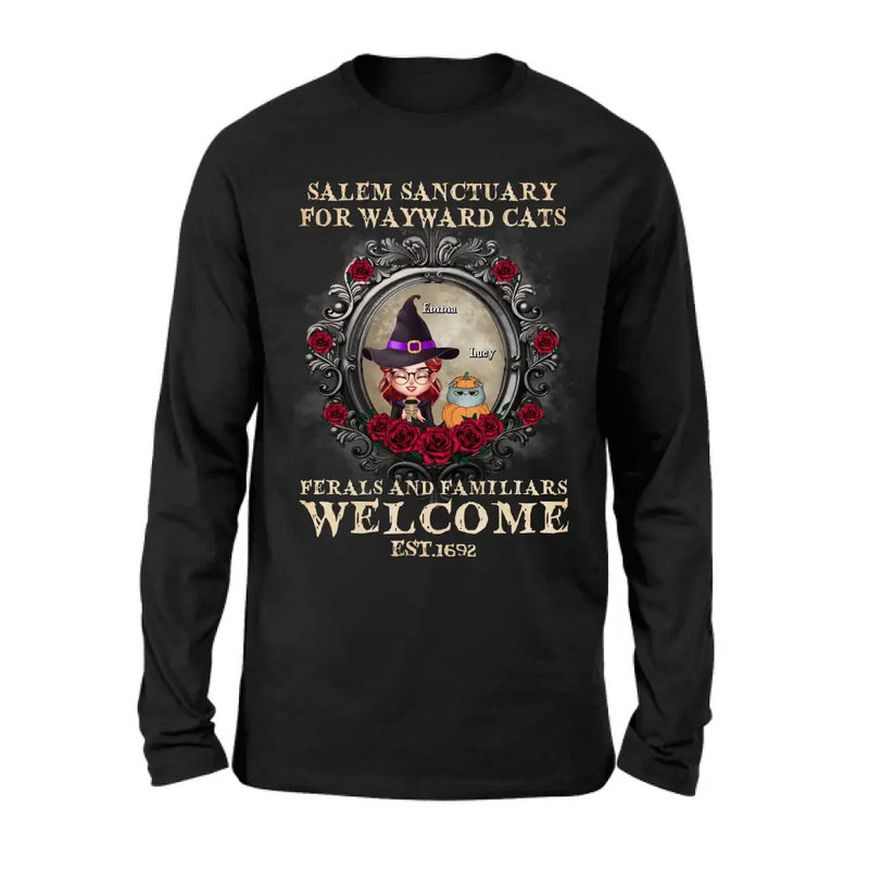 Personalized Halloween Cat Mom Shirt/Hoodie - Up to 4 Cats - Gift Idea For Cat Lovers - Salem Sanctuary for Wayward Cats Ferals and Familiars Welcome