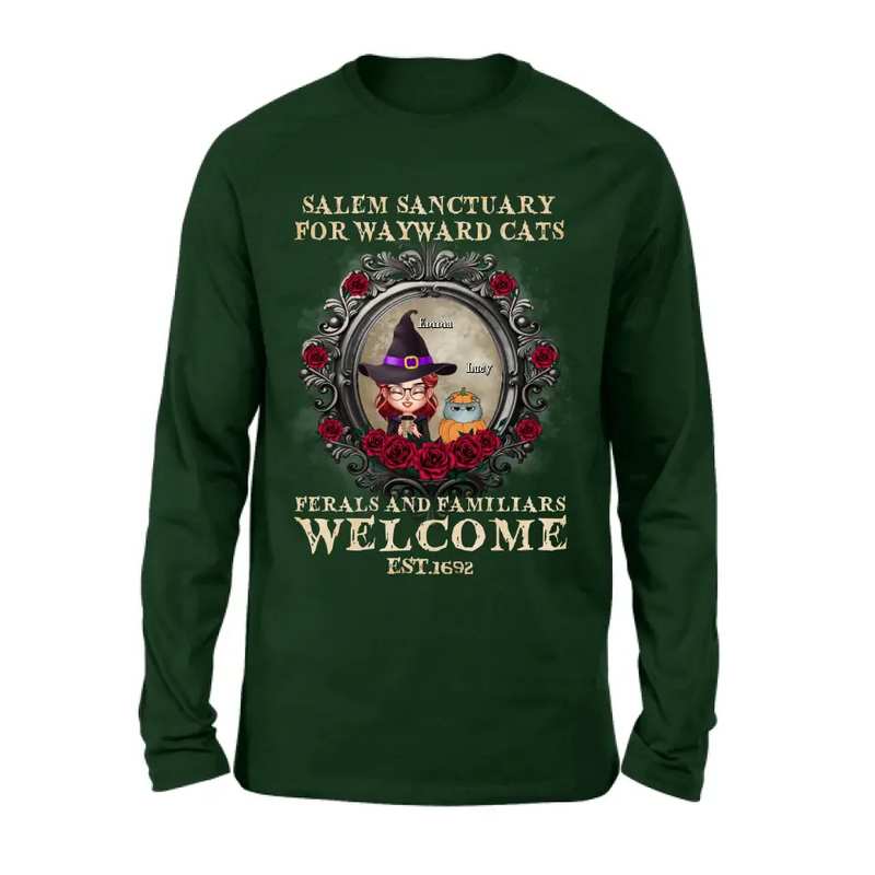 Personalized Halloween Cat Mom Shirt/Hoodie - Up to 4 Cats - Gift Idea For Cat Lovers - Salem Sanctuary for Wayward Cats Ferals and Familiars Welcome