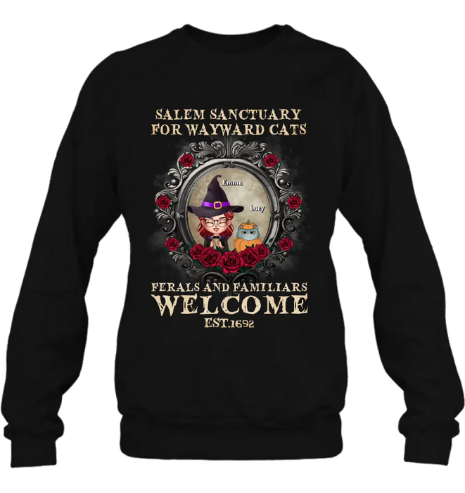 Personalized Halloween Cat Mom Shirt/Hoodie - Up to 4 Cats - Gift Idea For Cat Lovers - Salem Sanctuary for Wayward Cats Ferals and Familiars Welcome