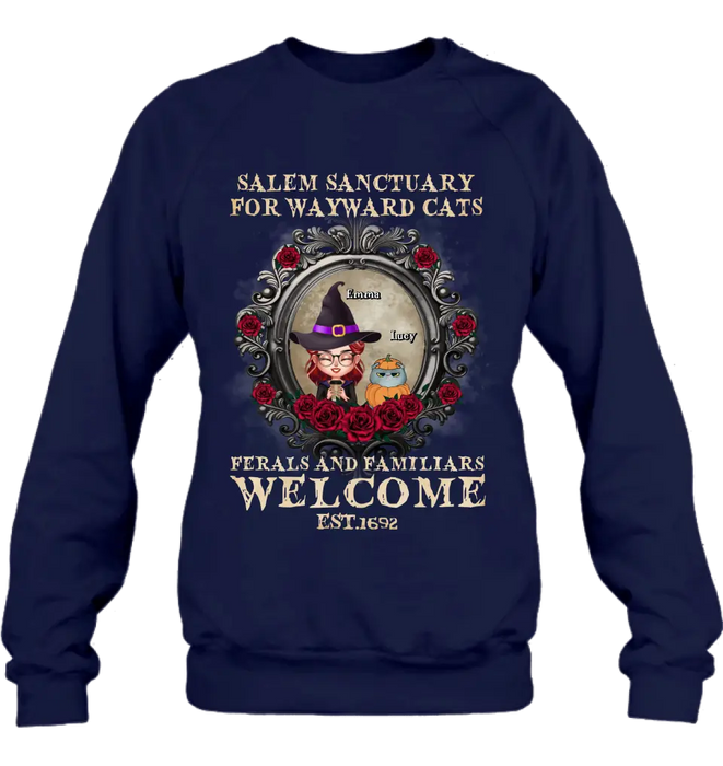 Personalized Halloween Cat Mom Shirt/Hoodie - Up to 4 Cats - Gift Idea For Cat Lovers - Salem Sanctuary for Wayward Cats Ferals and Familiars Welcome