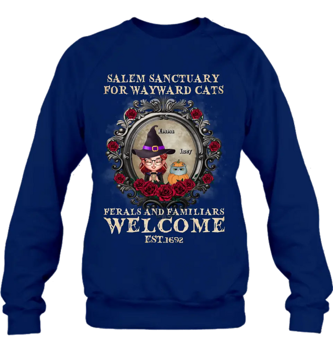 Personalized Halloween Cat Mom Shirt/Hoodie - Up to 4 Cats - Gift Idea For Cat Lovers - Salem Sanctuary for Wayward Cats Ferals and Familiars Welcome