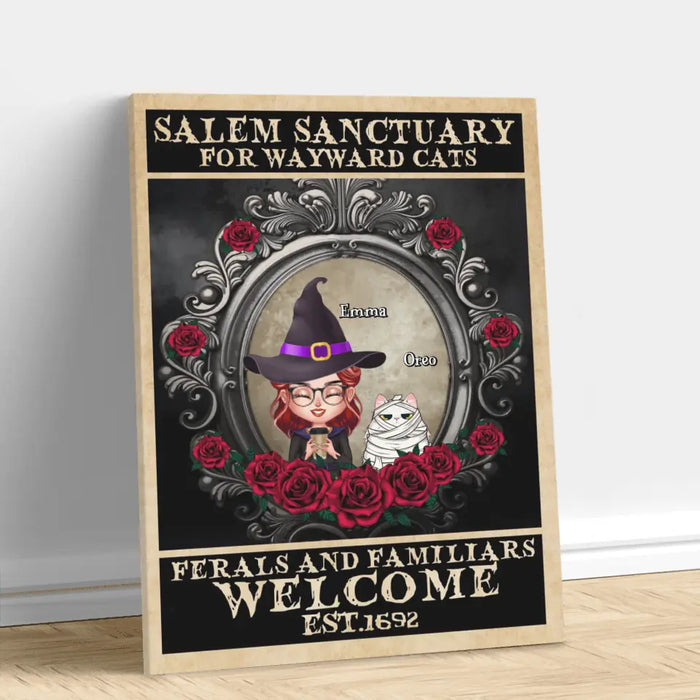Personalized Halloween Cat Mom Canvas - Up to 4 Cats - Halloween Gift For Cat Lovers/Wiccan Decor/Pagan Decor/Wall Art Wicked Witch - Salem Sanctuary For Wayward Cats