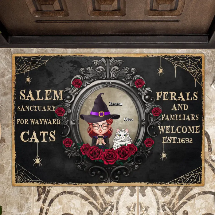Personalized Halloween Cat Mom Doormat - Up to 4 Cats - Halloween Gift For Cat Lovers/Wiccan Decor/Pagan Decor - Salem Sanctuary For Wayward Cats