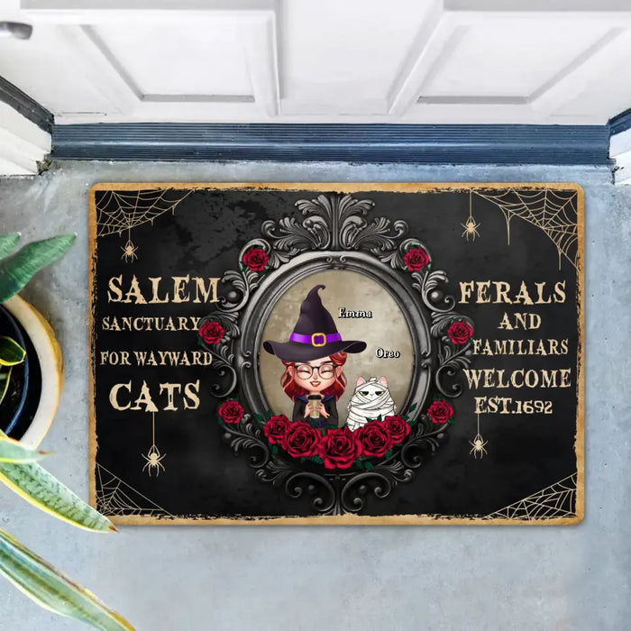 Personalized Halloween Cat Mom Doormat - Up to 4 Cats - Halloween Gift For Cat Lovers/Wiccan Decor/Pagan Decor - Salem Sanctuary For Wayward Cats