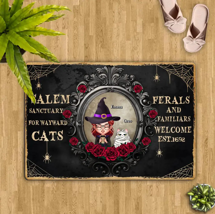 Personalized Halloween Cat Mom Doormat - Up to 4 Cats - Halloween Gift For Cat Lovers/Wiccan Decor/Pagan Decor - Salem Sanctuary For Wayward Cats