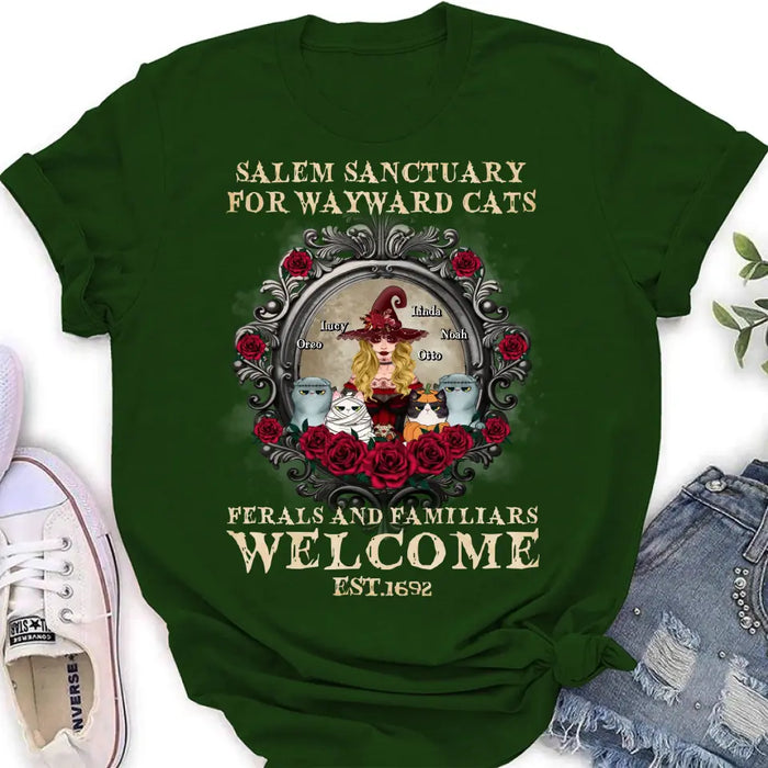 Personalized Halloween Cat Witch Shirt/Hoodie - Up to 4 Cats - Gift Idea For Cat Lovers - Salem Sanctuary for Wayward Cats Ferals and Familiars Welcome