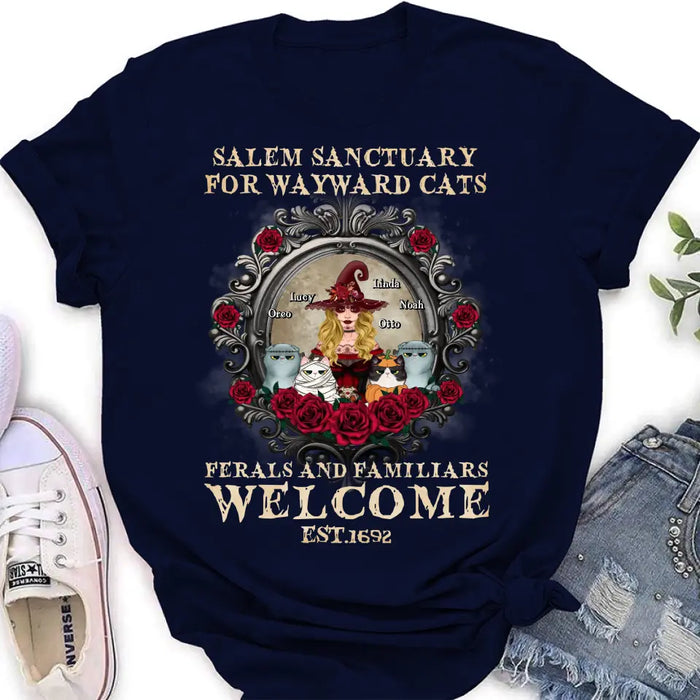 Personalized Halloween Cat Witch Shirt/Hoodie - Up to 4 Cats - Gift Idea For Cat Lovers - Salem Sanctuary for Wayward Cats Ferals and Familiars Welcome