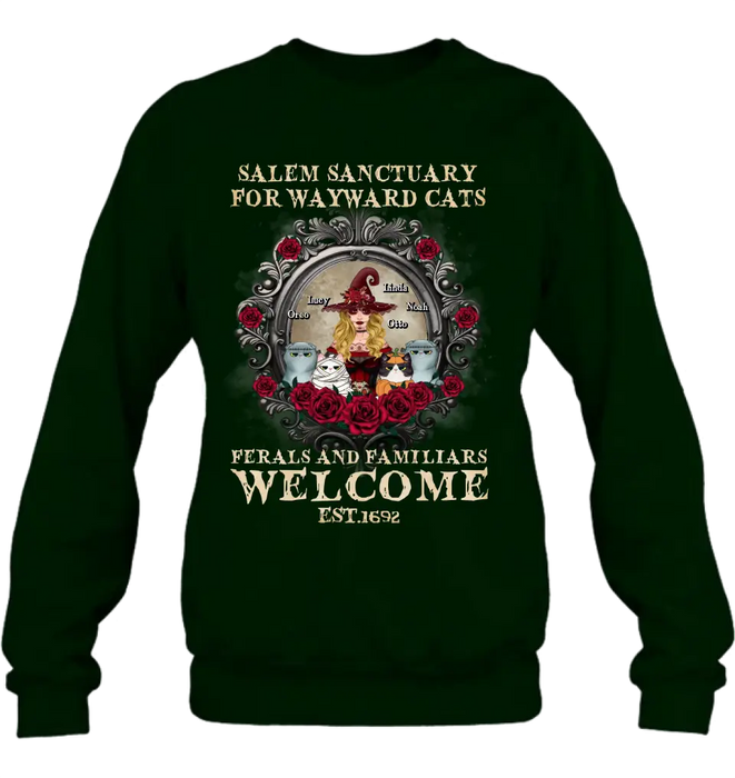 Personalized Halloween Cat Witch Shirt/Hoodie - Up to 4 Cats - Gift Idea For Cat Lovers - Salem Sanctuary for Wayward Cats Ferals and Familiars Welcome